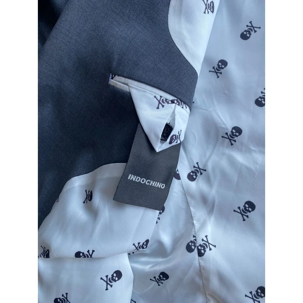 Indochino Luxury Mens Blazer 46L Gray Wool Yaletown 62 Sport Coat Skull Print